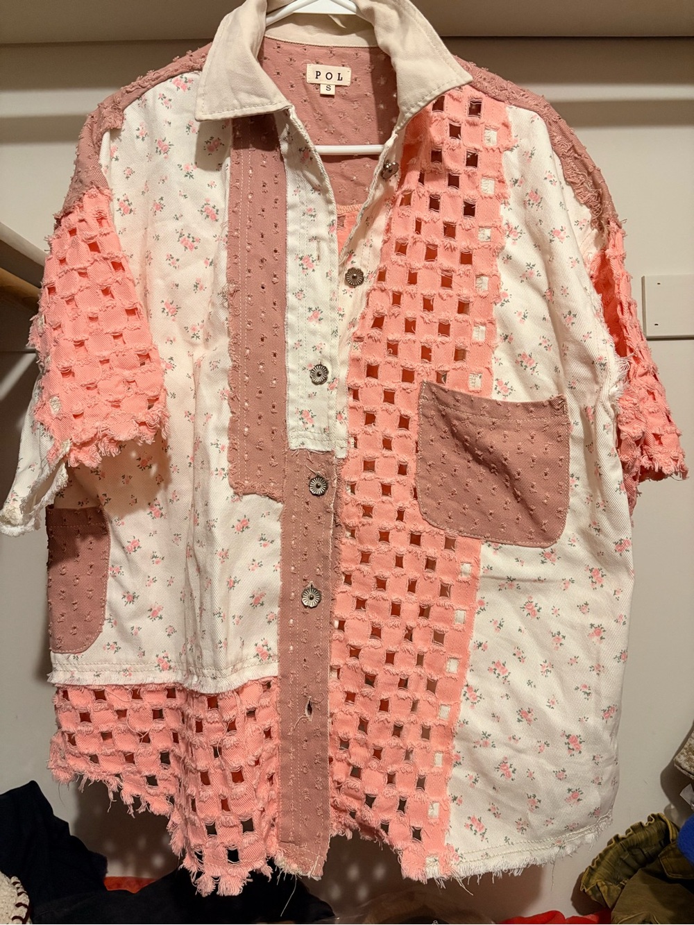 POL Hard to Find Twill Laser Cut Top Woven Patchwork & Floral Detail